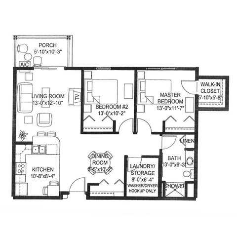 Floor plan for 2 beds, 1 bath, 1020 sqft